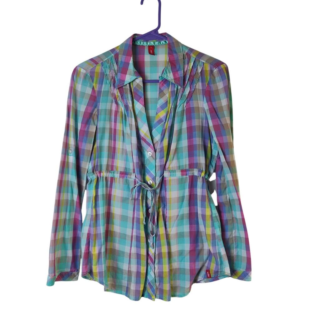 EDC Esprit Colorful Plaid Waist Tie Ruffle Button Up Shirt Small Roll Tab Sleeve